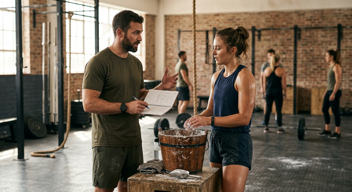 A coach and athlete in conversation between sets, notebook in hand.