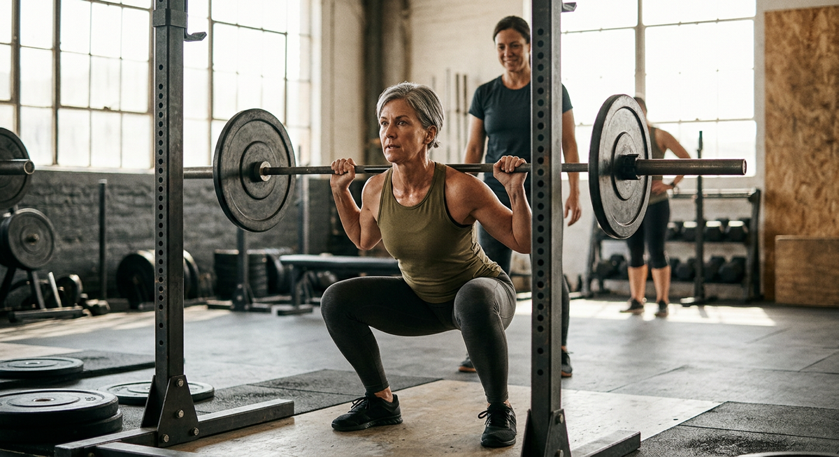 An older lifter chalking up before a barbell back squat, focused.
