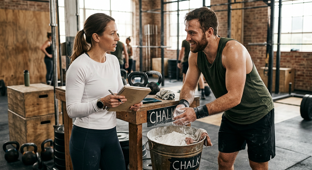 A coach and athlete reviewing the day's session by the chalk bucket.