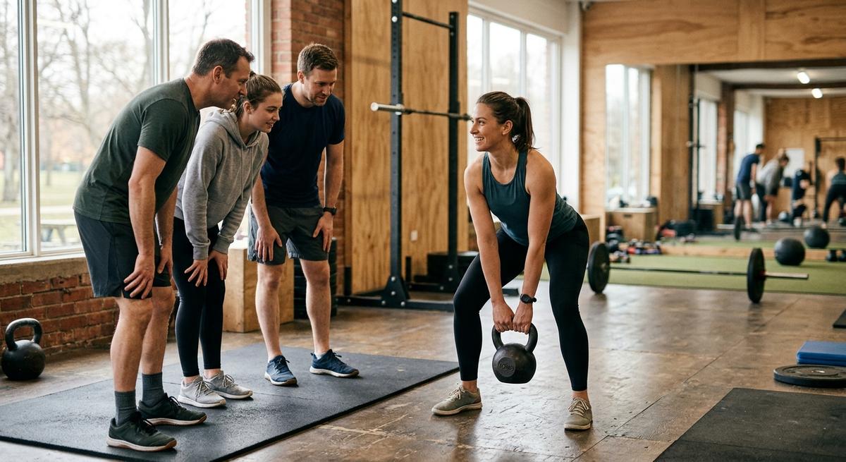 A coach demonstrating a kettlebell deadlift to a small group of new members.