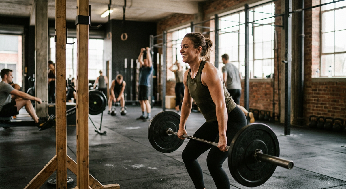 A barbell loaded on a rack in an empty gym, light cutting across the floor.