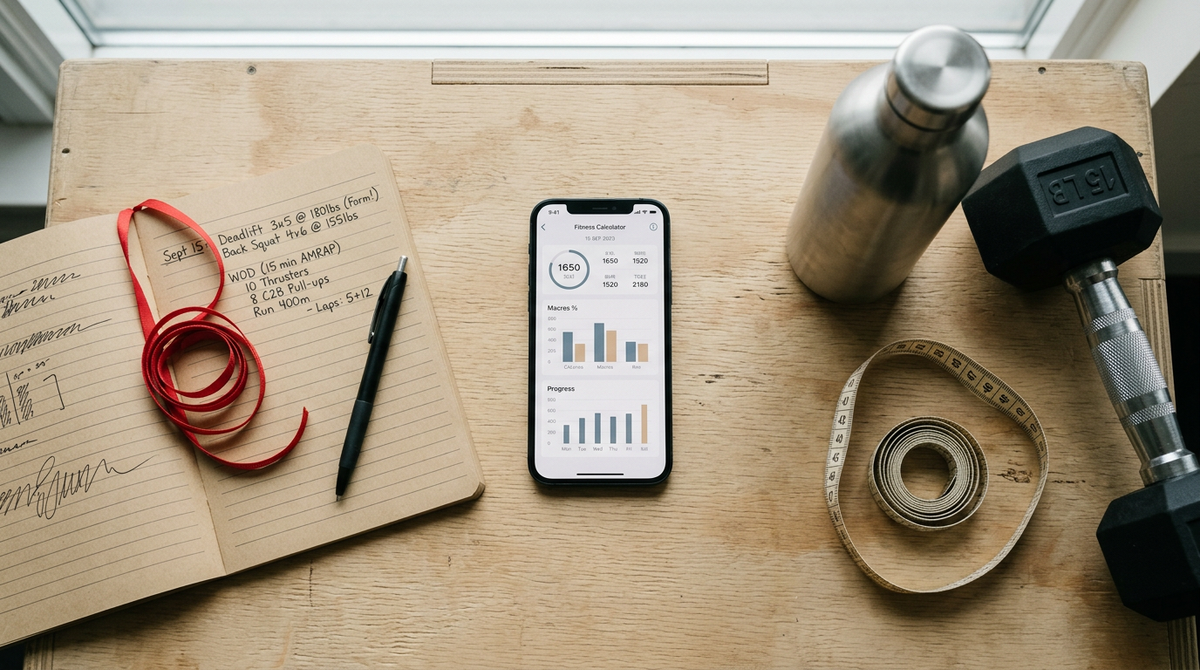 A coach's desk: phone with a fitness calculator open, notebook, stopwatch, barbell collar.