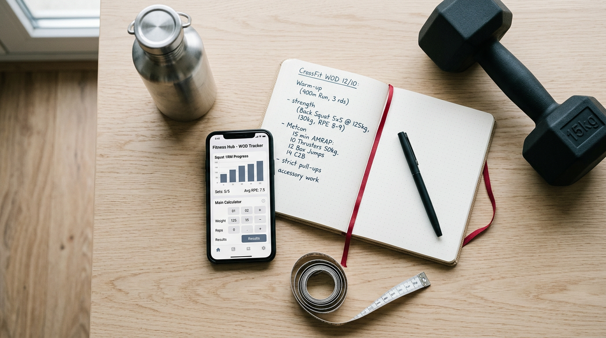 A tablet showing a fitness dashboard next to a notebook and stopwatch on marble.