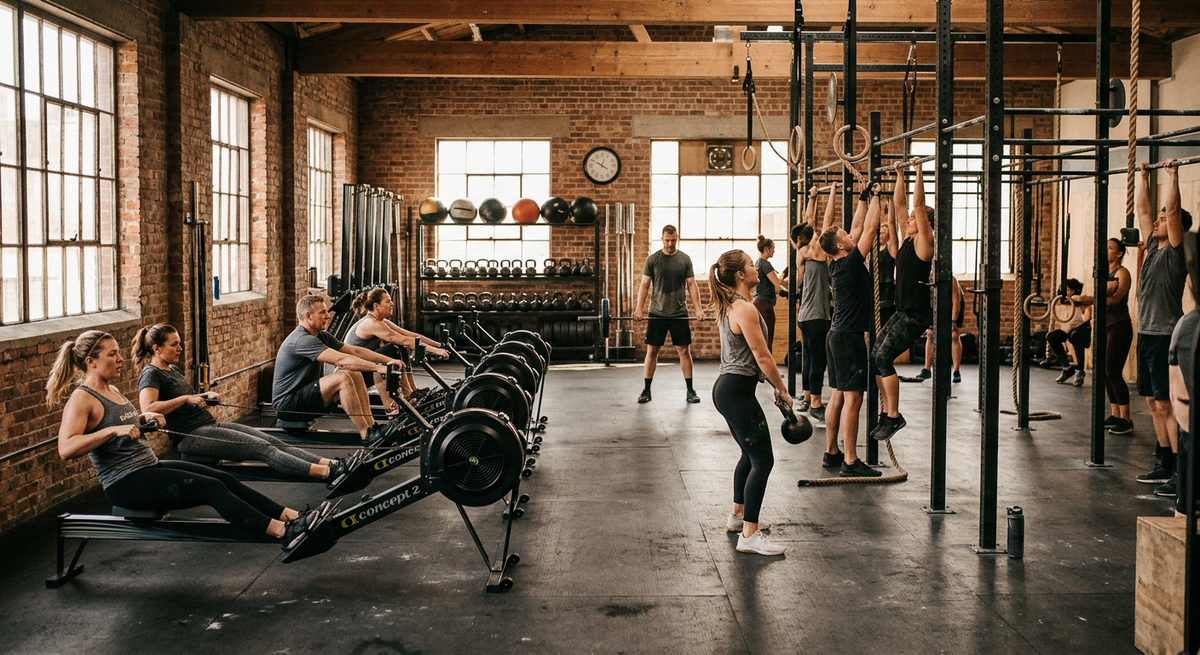 Wide bright shot of a Vancouver functional fitness gym mid-class.