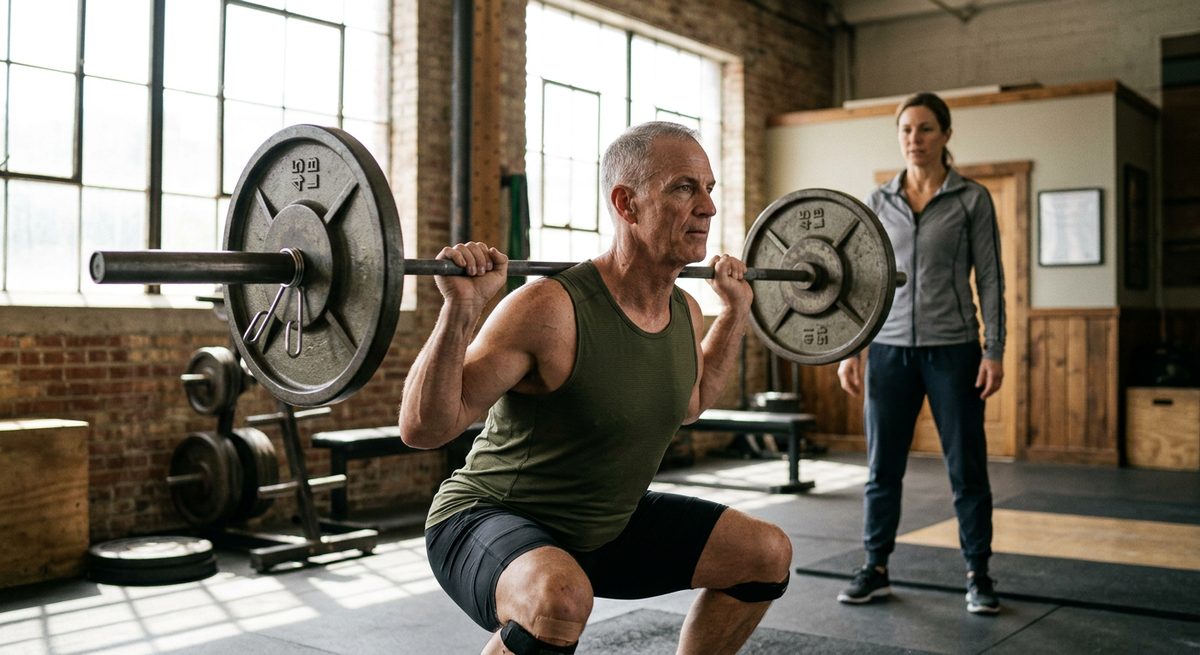 An adult carrying two kettlebells in a farmer carry across a sunlit floor.