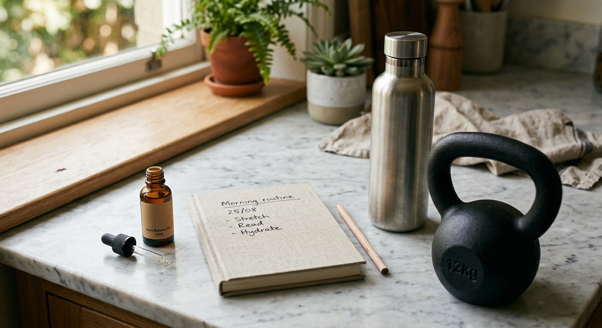 Editorial flat lay: dropper bottle, notebook, water bottle, kettlebell, marble surface.