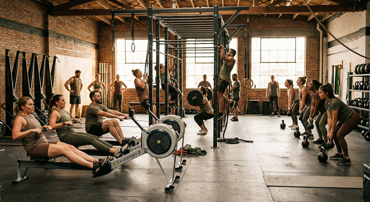 A bright class in progress: rowers, rigs, kettlebells, members training side by side.