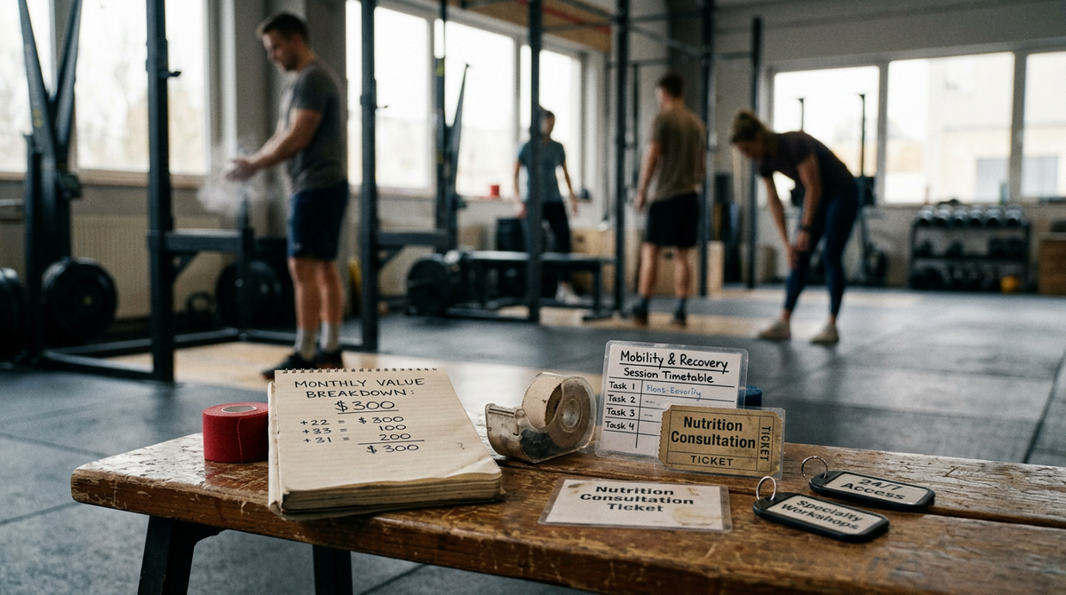 A CrossFit coach demonstrates a squat for a member, offering form correction and guidance during the exercise.