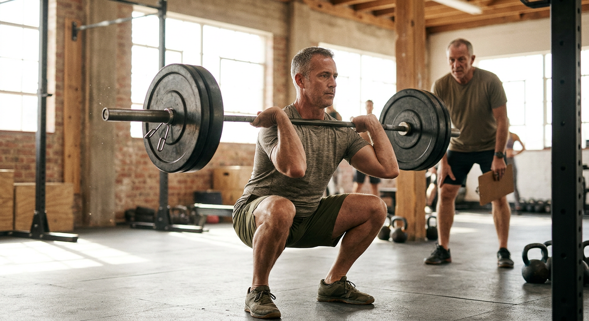 A strong adult in their 50s back-squatting under a coach's eye in daylight.