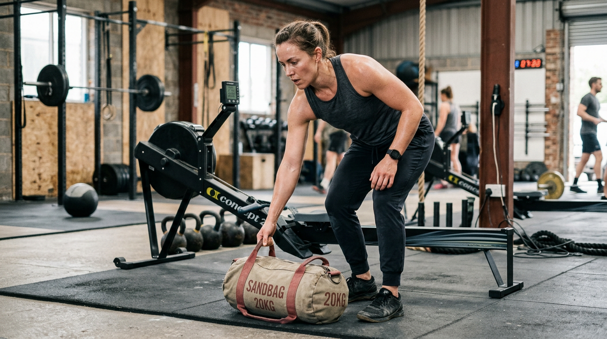 A person is doing deadlifts in a CrossFit gym. The person is focused on lifting the weight.