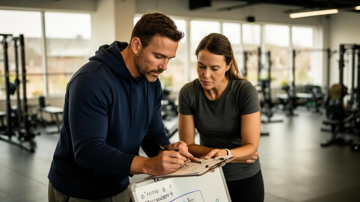 A coach reviewing training notes with a member in a bright Vancouver gym