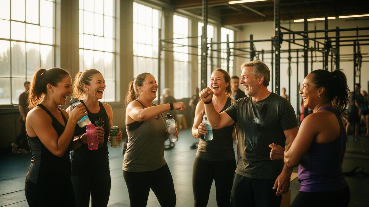 A group of CrossFit BC members laughing together after a class